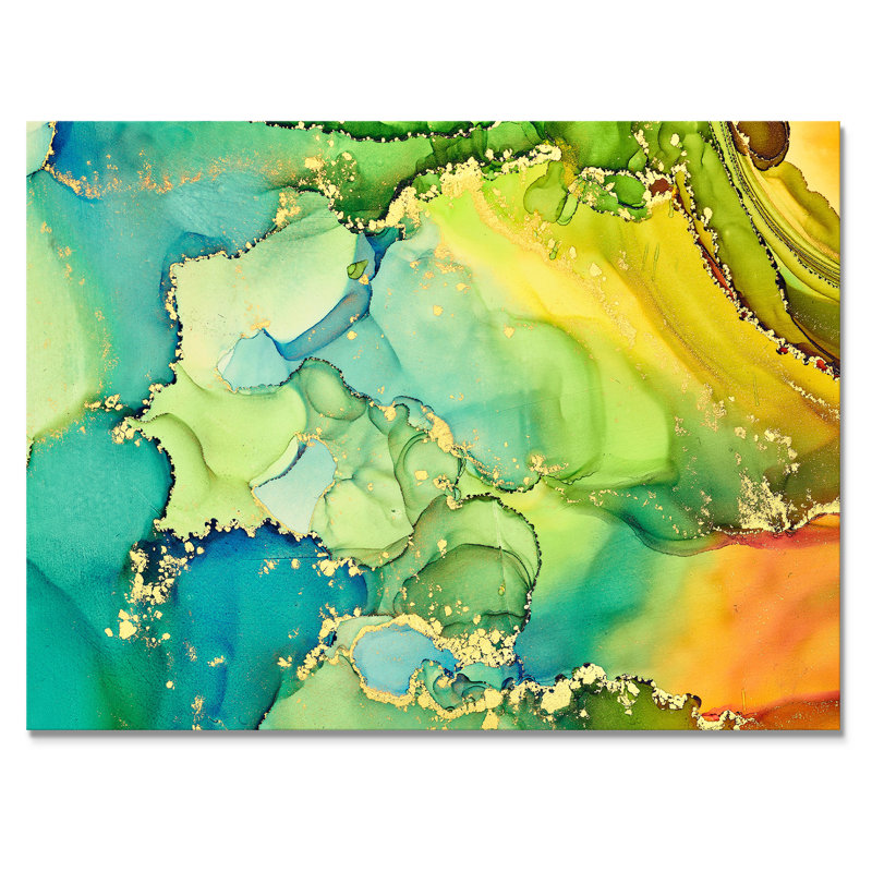«Green and Yellow Luxury Abstract Fluid Art», peinture sur toile, Toile tendue, H 34 po x l 44 po, Sans cadre