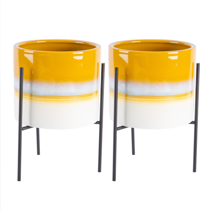 Nicola Spring - Reactive Glaze Plant Pots on Stands - 19cm, Yellow/Black