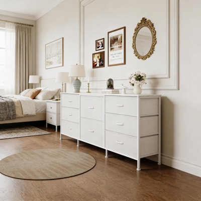 Fabric Drawer Dresser TV Stand with Wooden Top and Metal Frame for Bedroom Living Room