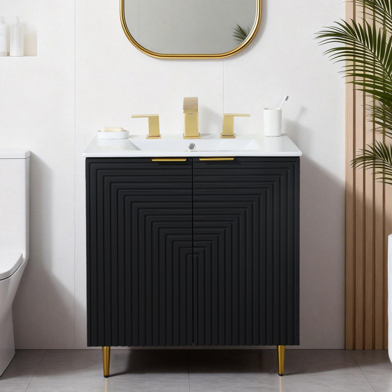 Ensemble de meuble-lavabo simple 30 po noir mat moderne avec plateau en céramique, Noir, noir, noir, noir