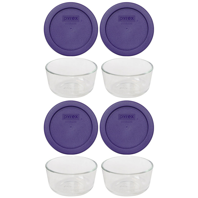 Pyrex (4) bols en verre de 1 tasse et (4) couvercles de 1 tasse en PC, Mauve prune