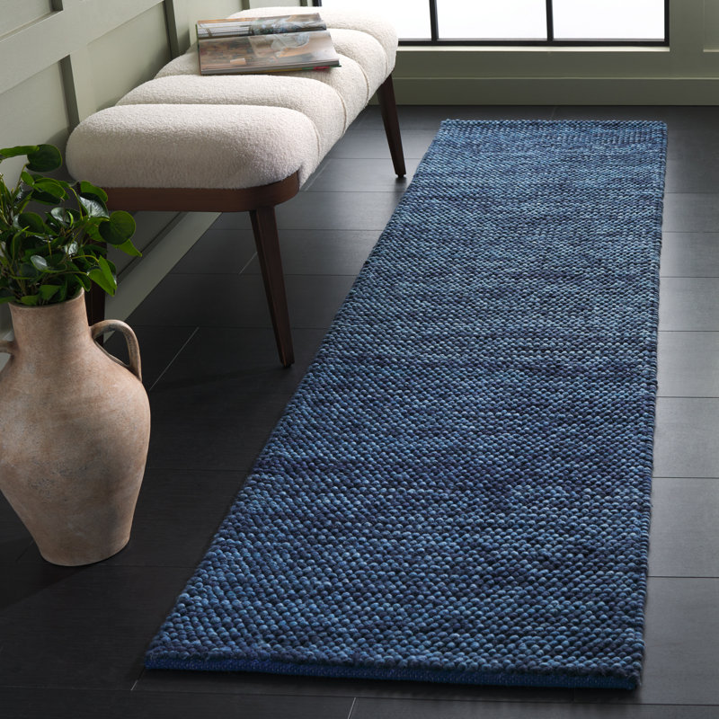 Tapis bleu marine / bleu en laine / coton / polyester tissé à la main Heiser 425, Tapis de couloir 2 pi 3 po x 9 pi