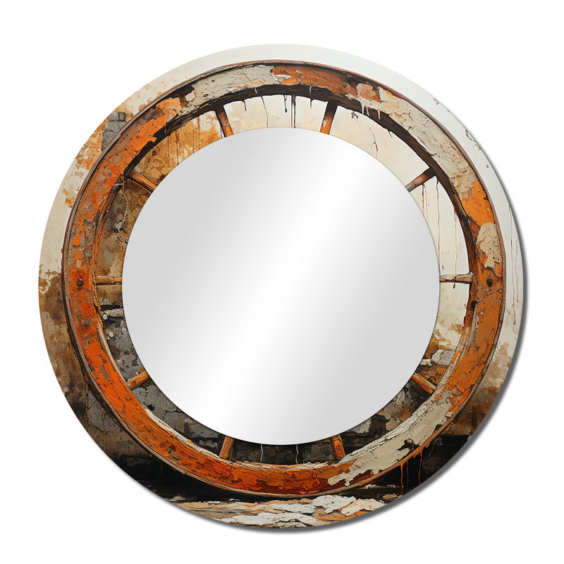 Orange Old Cart Wheels III - Old American Cart Unique Wall Mirror Decor, Orange Large Round Mirror, Printed Metal Art