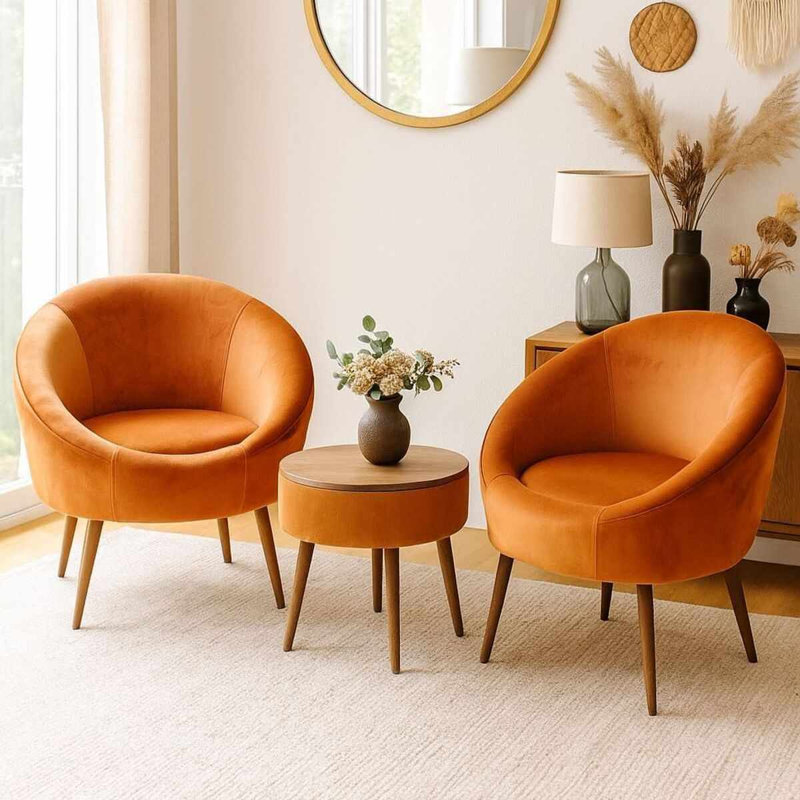 Ensemble de fauteuil à oreilles et table basse (3 pièces), Orange Polyester Blend, Natural Wood