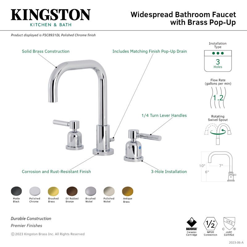Kingston Brass Concord Two-Handle 3-Hole Deck Mount Widespread Bathroom Faucet with Brass Pop-Up Drain, Polished Chrome