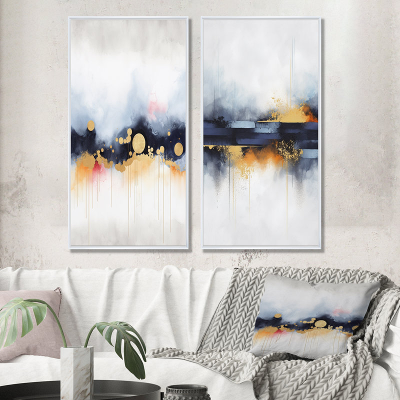 Ensemble de 2 décorations murales abstraites en marbre bleu et jaune Waterfall IV, Cadre flottant blanc, H 32 po x l 33 po
