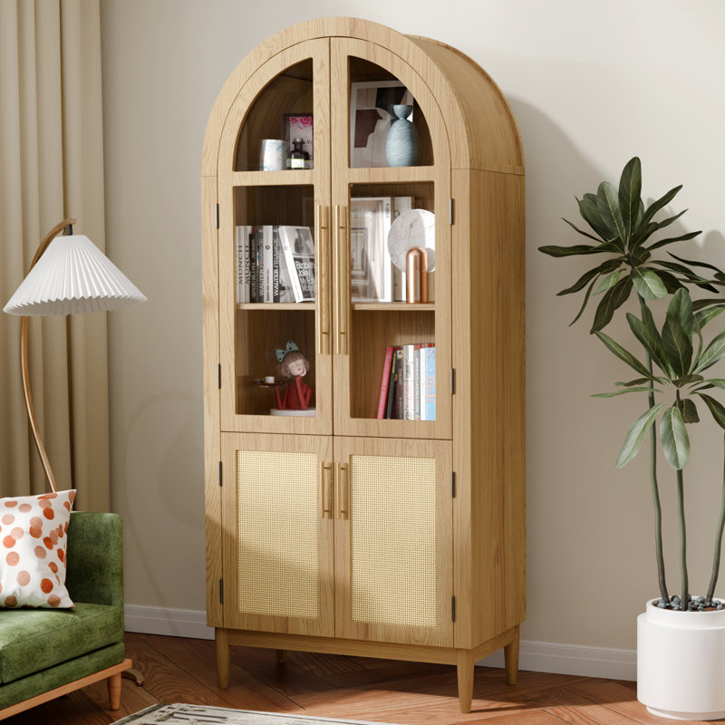 Vitrine arquée moderne avec portes en verre trempé, panneaux et tablettes réglables, H 70,9 po x l 30,7 po x P 16,1 po