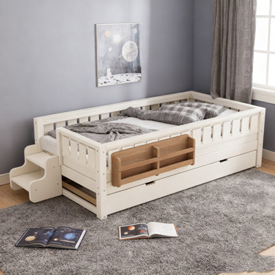 Wood Bed built-in bookshelves and Trundle
