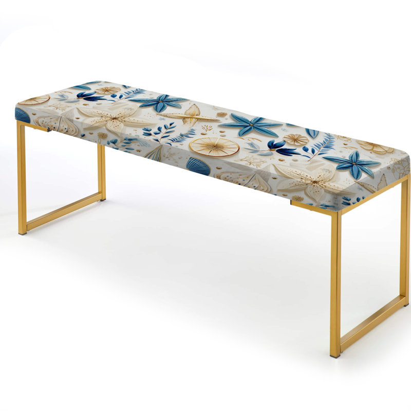 Blue And White Coastal Retreat Seashells II - Floral Upholstered Gold Bench
