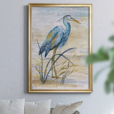 Héron bleu I par J Paul - Estampe d'histoire naturelle, encadrée sous verre et sous passe-partout, décoration murale côtière pour salon