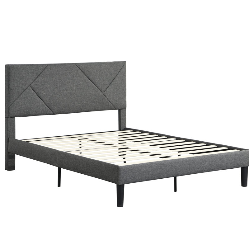 Grand lit tapissier gris avec lattes de bois - Assemblage facile dans la chambre à coucher moderne, aucun sommier requis, toutes les variantes de matelas conviennent, limite de poids maximale de 500 lb