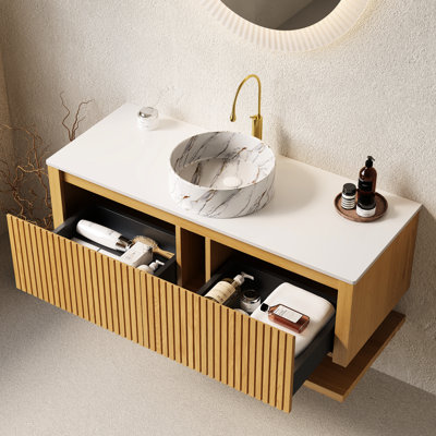 Meuble-lavabo en chêne 48 po, rangement en contreplaqué avec tiroirs et tablette ouverte, comptoir en pierre frittée en céramique blanche, pré-assemblé, deux formes de lavabo, fermeture en douceur pour un comptoir