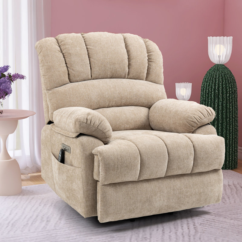 Brisen 40" W Oversize Chenille Power Lift Up Heated Massage Recliner, Remote, USB Type-C Port, Beige Chenille