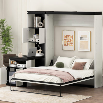 Full Size Bed With Storage Shelves, Cabinets & Desk In Black+white Finish And Space, Interior Design Concept