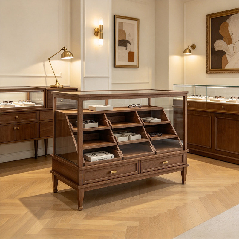 Nut-brown Solid Manufactured Wood Jewelry Display Storage Cabinet with drawer-style storage compartments