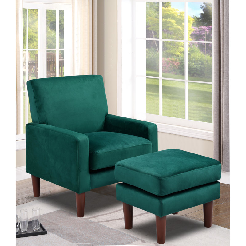 Amblewood Velvet Armchair with Footstool, Green