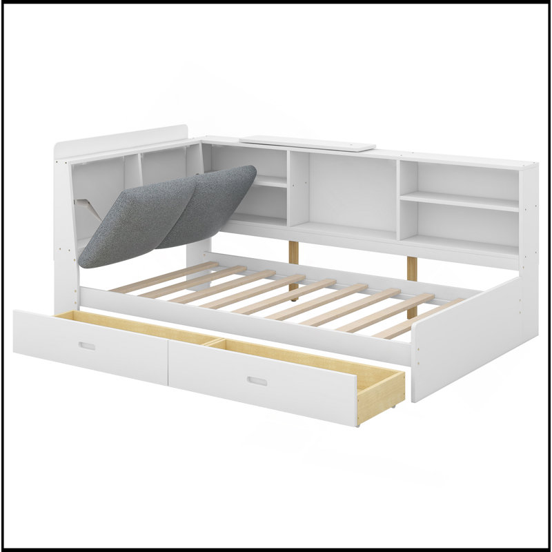 Lit plateforme simple en bois avec tête de lit avec rangement, tablettes et 2 tiroirs, blanc