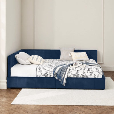 Velvet Storage Daybed with Diamond Tufting, Double Drawers, Mid-Century Design, Eucalyptus Frame