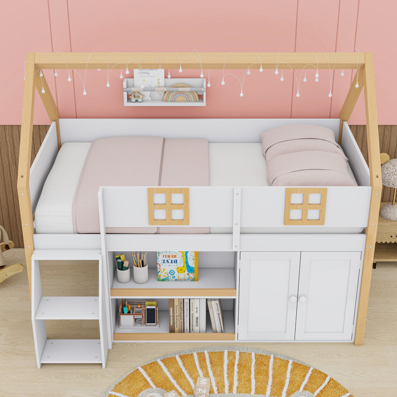 Lit mezzanine bas avec escalier, tablettes, armoire et éclairage DEL, Lit simple