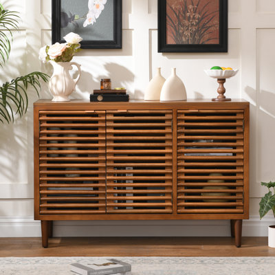 Suniya Modern 3-Door Storage Cabinet With Adjustable Shelves, Slatted Doors