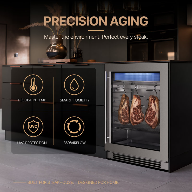 Ca'Lefort 24" Meat Aging Refrigerator 3.78 cu.ft Compact Dry Aging Fridge for Steak & Beef Meat, Built-in Dry Aging Refrigerator with Lockable Door, Dual Fan Circulation, UV Sterilization, Humidity & Temperature Control Professional Dry Aging Fridge