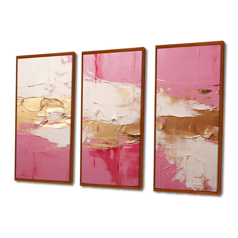 Minimalisme, rose et doré, horizon I - ensemble d'art mural abstrait, H 28 po x l 36 po x P 1 po, Cadre flottant brun