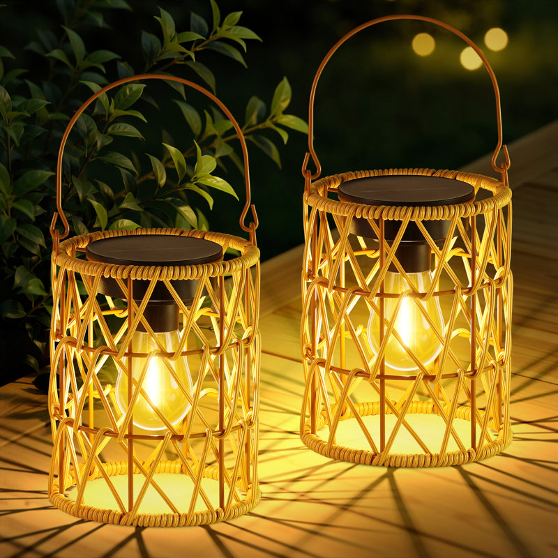 10'' Solar Lanterns Outdoor Waterproof, Natural Hand Woven Solar Rattan Lanterns For Outside Hanging With Handle