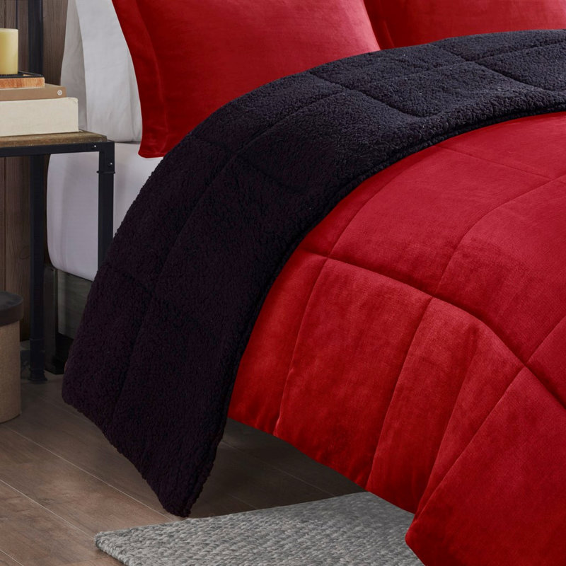 Full/queen Size Comforter With Red And Black Look Feel Red+black To Reverse 2 Matching Shams, Red/Black