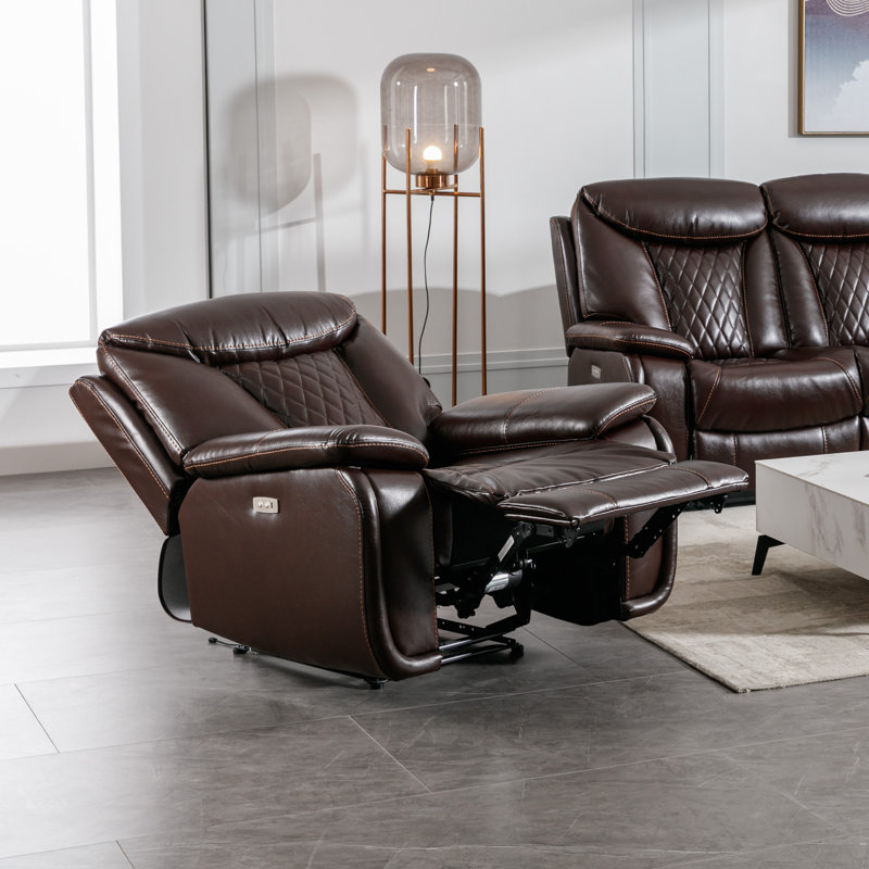Saneela 40" Wide Modern Breathable Leather Power Recliner with Durable Diamond Stitching & USB, Classic Espresso