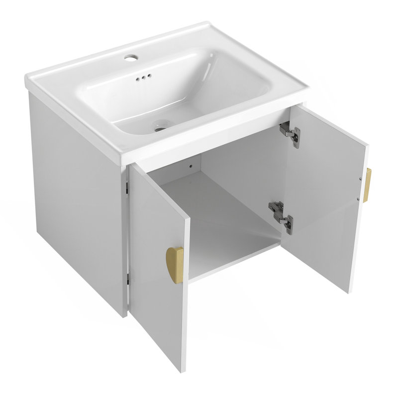 Meuble-lavabo de 60 po avec portes à fermeture en douceur avec lavabo et petites tablettes de rangement., Blanc brillant