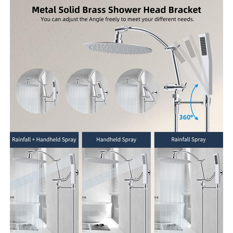 Chrome 10'' Rainfall Shower Head with Handheld Wand and Adjustable Arm