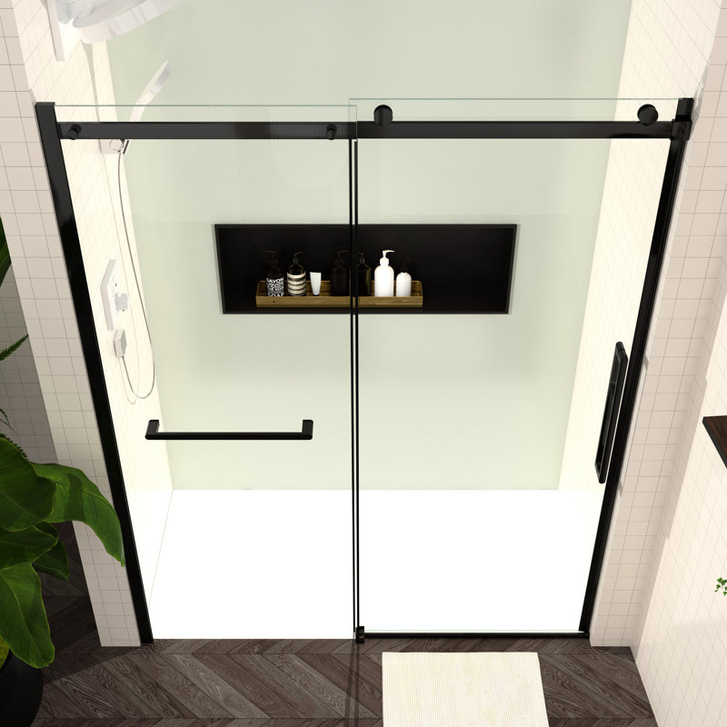 56 - 60"W X 76"H Shower Door, Tempered Glass, Matte Black Brackets, Smooth Sliding Feature, Water Coating, Bathroom Improvement Glass 76"H, Style, Accessories, Movement, Easy Clean Finish, Refresh