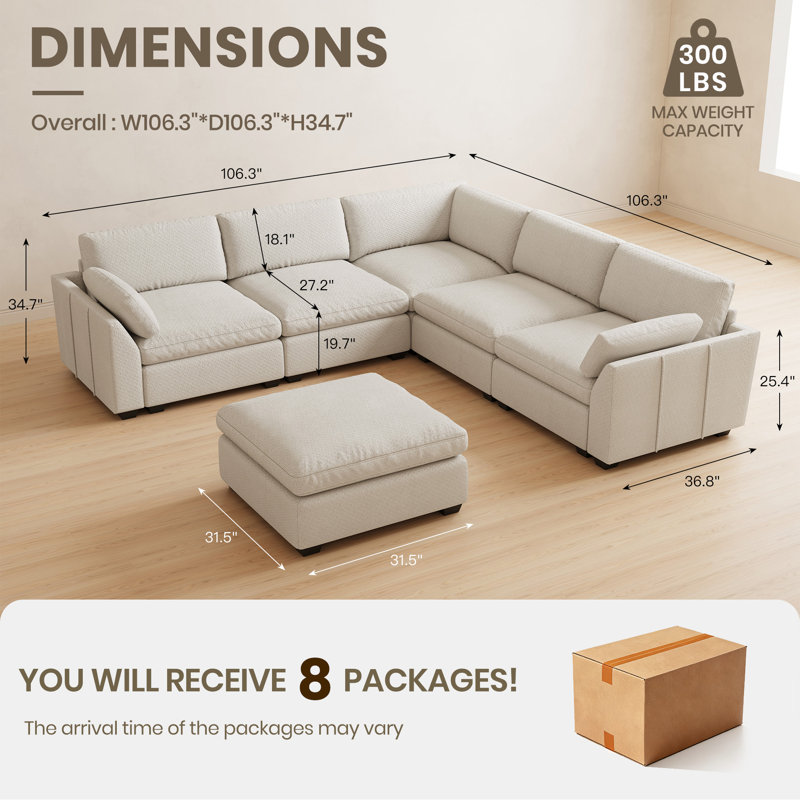 Canapé modulaire en L avec repose-pieds amovible Chenille, Beige Chenille