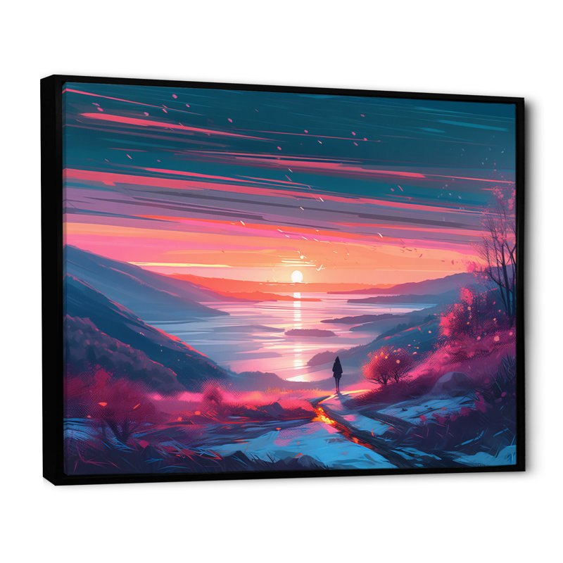 Hiver, lever de soleil sur le lac et les montagnes II, Cadre noir, H 24 po x l 32 po x P 1 po