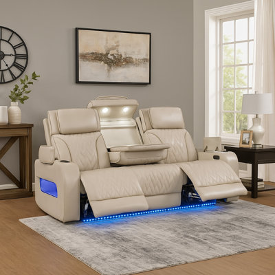 Canapé inclinable électrique avec porte-gobelets Jasi, DEL, cuir blanc Aire 84 po