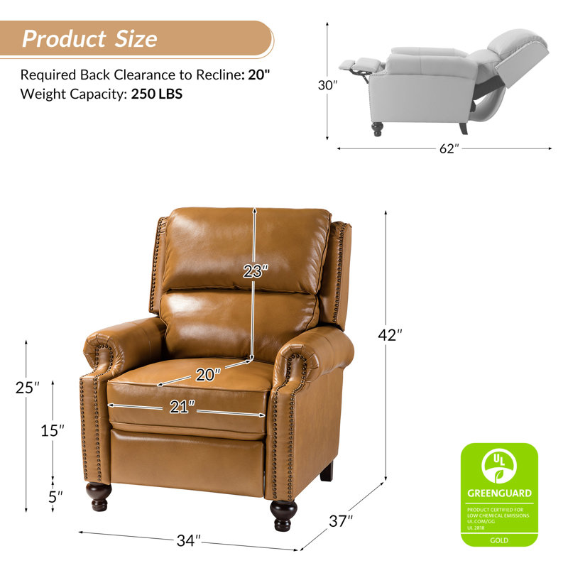 Fauteuil inclinable en cuir véritable Anre avec garniture cloutée, Cuir fleur camel