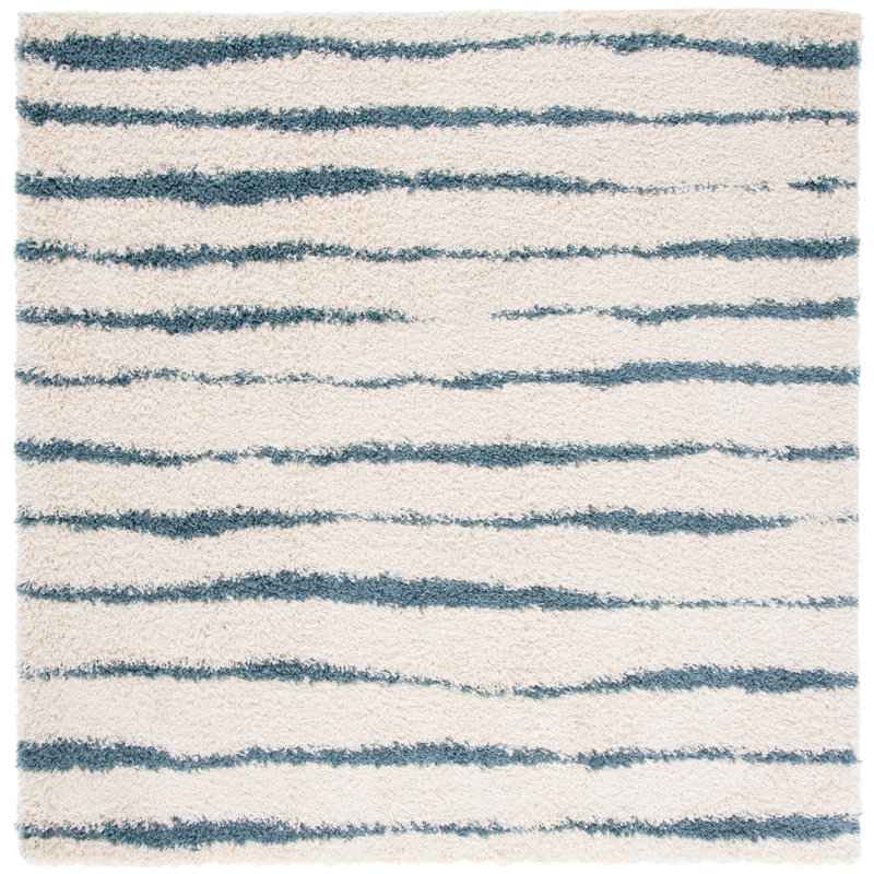 Evgeniy Striped Machine Made Area Rug in Turquoise/Ivory, Square 6'7"
