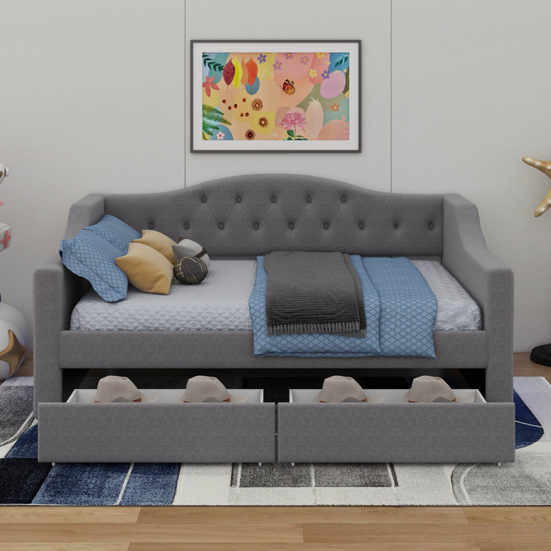 Twin XL Size Daybed With LED Belt And 2 Drawers, Gray
