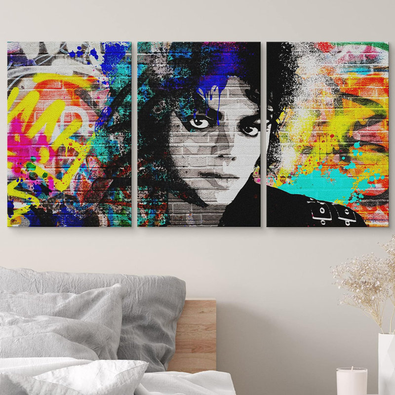 Portrait urbain de Michael Jackson, graffiti et art de rue, pop art coloré, 3 pièces, H 24 po x l 48 po x P 1,5 po