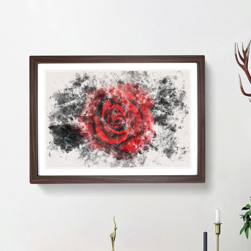 Red Rose in the Shadows - Picture Frame Painting Print, 24cm H x 33cm W x 2cm D, Walnut Framed