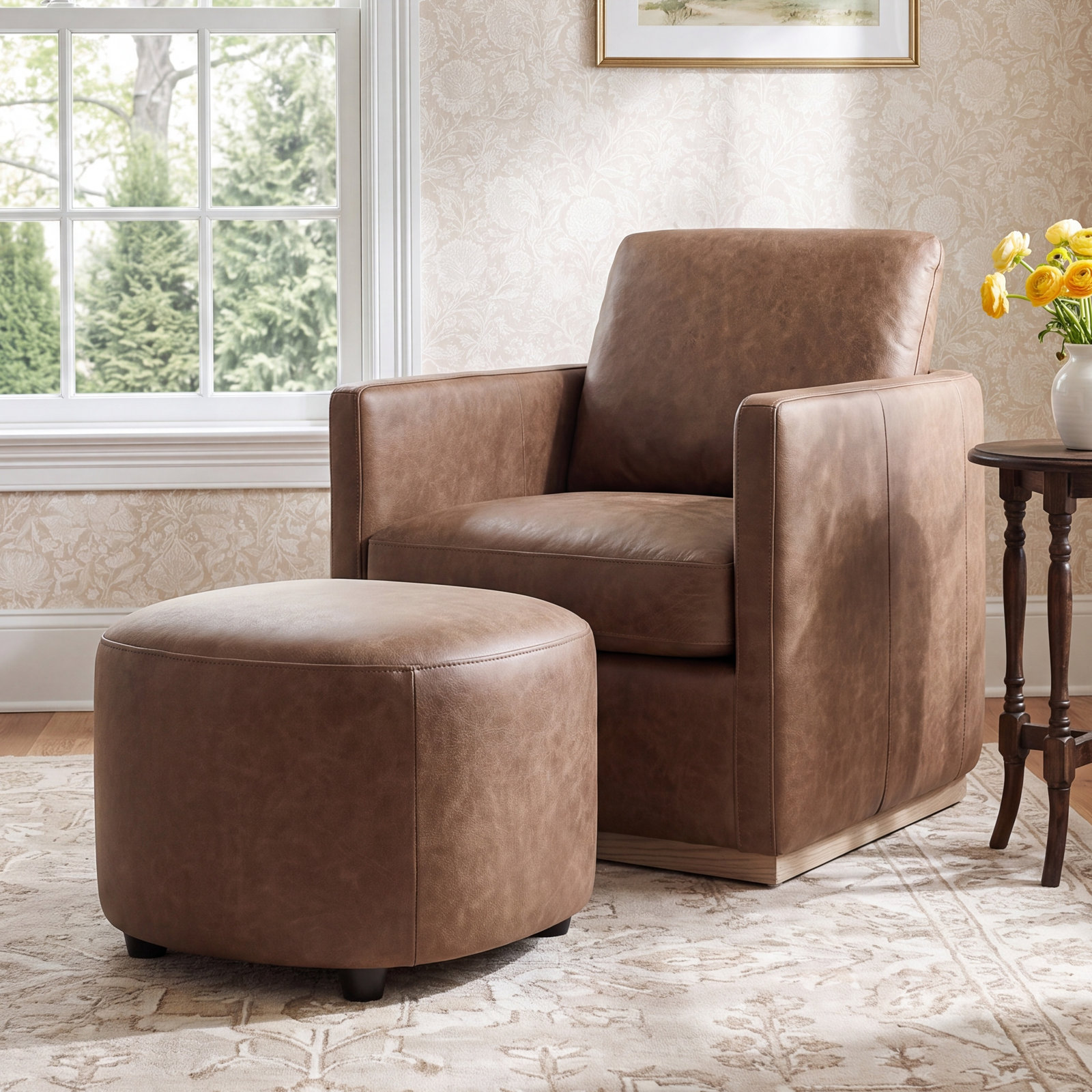 Bobbi Genuine Leather Swivel Armchair with Ottoman