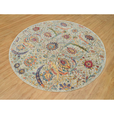 10'x10' Birch Tan Hand Knotted Silk and Wool Sickle Leaf Design Round Rug 7561D191F427441FA28B211A28D97EB0