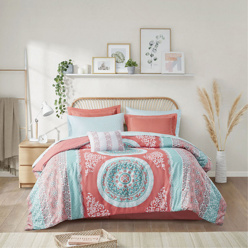 Ensemble d'édredon simple avec draps, Édredon lit simple + 6 pièces incluses, Corail