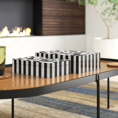 Set of 2 Storage Boxes 10" & 12" Black and White Harlequin Polyresin Decorative Keepsake Boxes