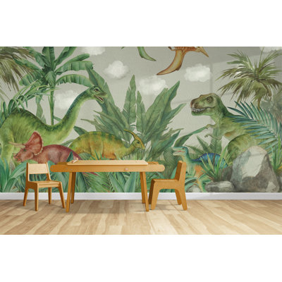 Papier peint adhésif dinosaure pour chambre d'enfant, murale tropicale du Jura, papier peint de chambre de bébé amovible, décoration murale vert Dino