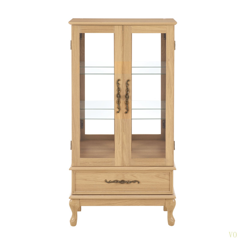 Armoire vitrée lumineuse - Vitrine élégante en verre avec tablettes réglables, 2 portes et 1 tiroir - Buffet de rangement pour le vin avec ampoule incluse