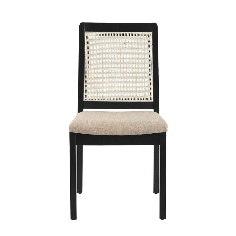 Black Solid Wood Dining Chair with Rattan Inset Back, Set of 2