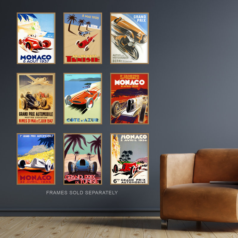 Collection Of Vintage Grand Prix Adverts Monaco 9-Piece Set Unframed Wall Art Prints Bathroom Bedroom Aesthetic Auto Motor Car Racing