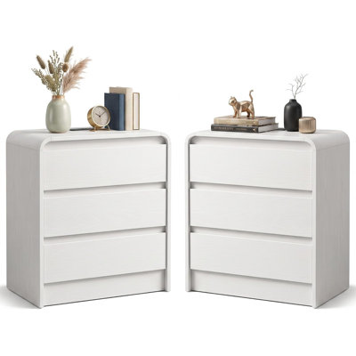 Table de chevet incurvée moderne à 3 tiroirs avec tablette ouverte et gestion des câbles – Table de chevet en bois à bords arrondis pour chambre à coucher, fini blanc (paquet de 2)