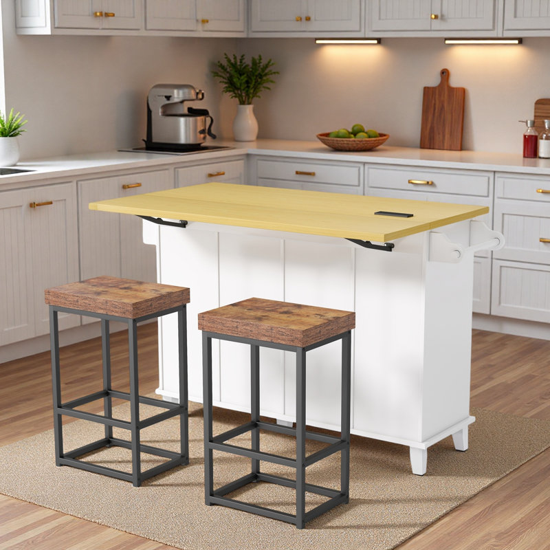Farmhouse Kitchen Island With Drop Leaf, Storage Cabinet, Drawers, Door Shelves, Power Outlet And 2 Dining Stools
